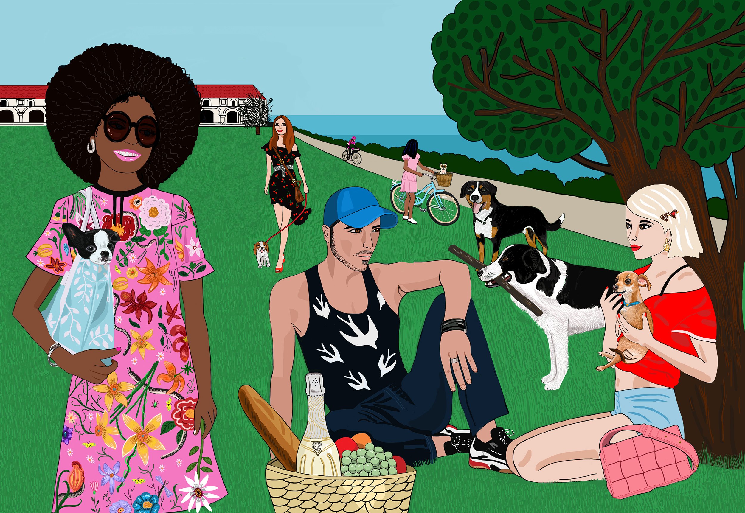 Dogs and people in the park. Fashion and food are also in the mix