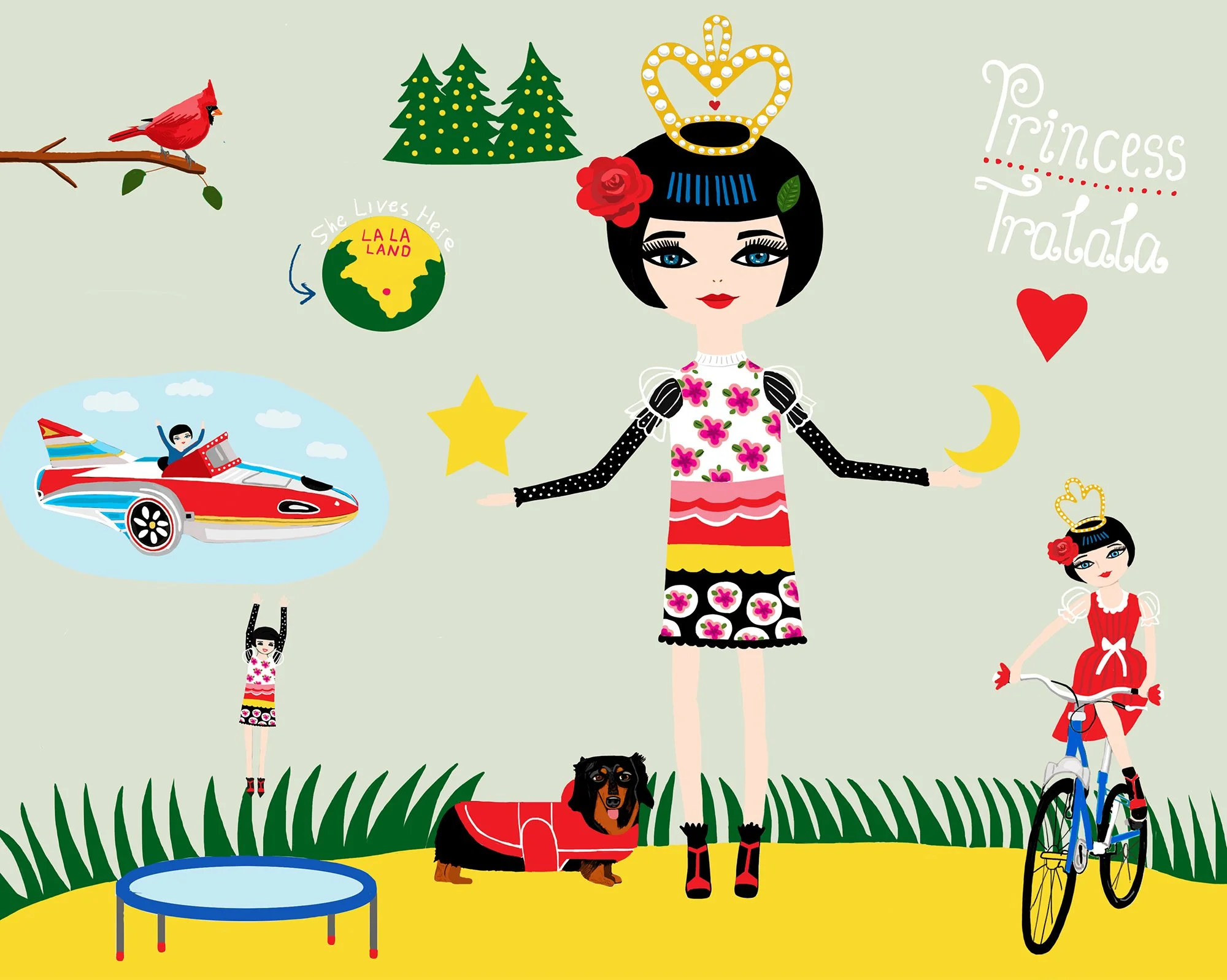 A colorful illustration of a girl in a floral dress with a crown, a smaller girl with a crown riding a bike, a girl with an ice cream cone, a dog in a red sweater, a trampoline, a red race car, and various symbols including trees, a cardinal bird, a 