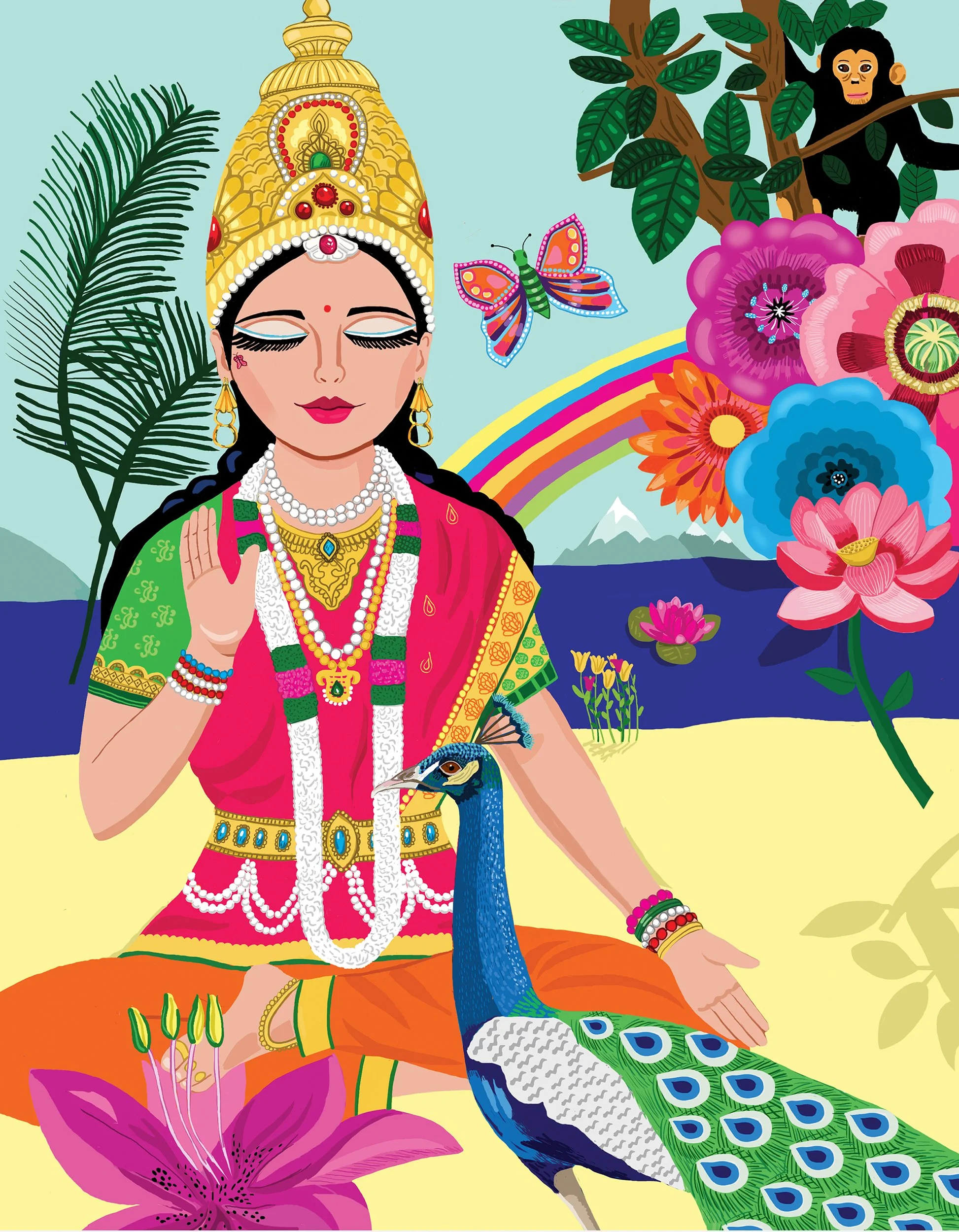 A colorful illustration of a woman in traditional Indian attire, wearing jewelry and a headdress, with a peacock in front of her, surrounded by flowers, a butterfly, a rainbow, a mountain, and a monkey in a tree.