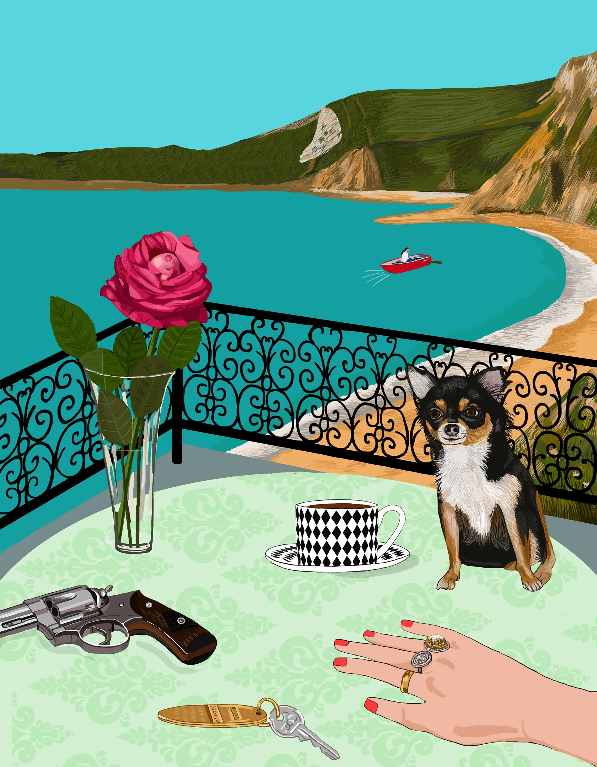Cozy Crime illustration. With beautiful scenery, dog and revolver.