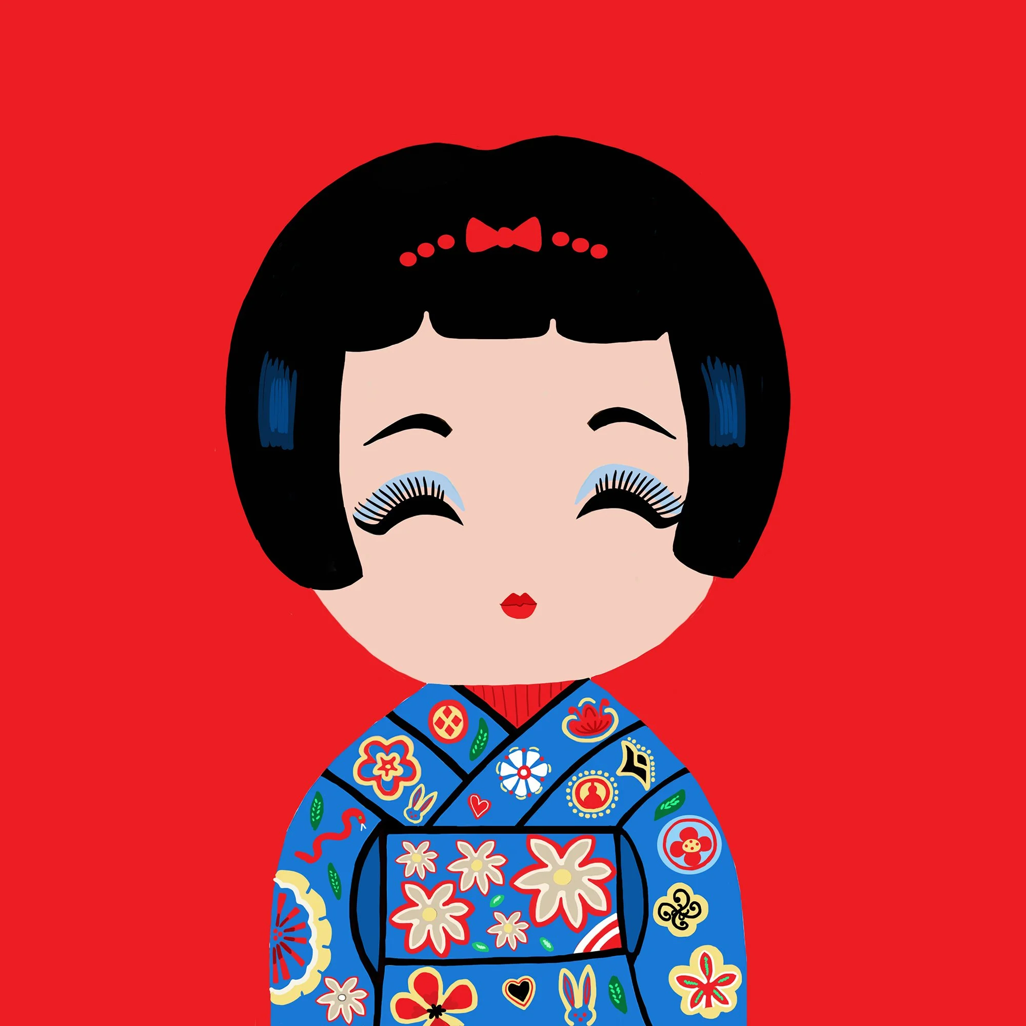 A cartoon illustration of a smiling girl wearing a traditional Japanese kimono with colorful floral and animal patterns, set against a solid red background.