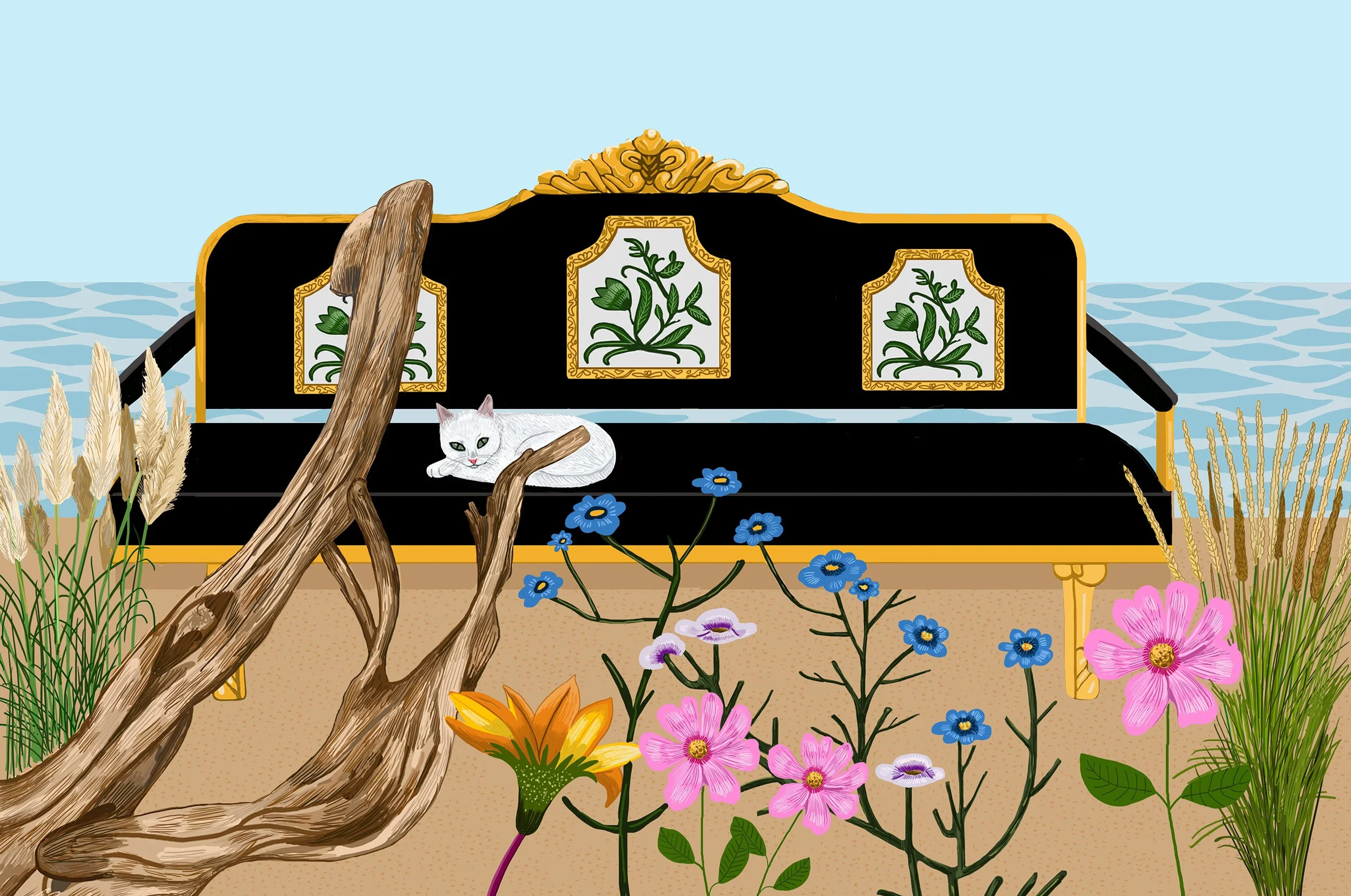 Couch in a landscape with sleeping cat illustration