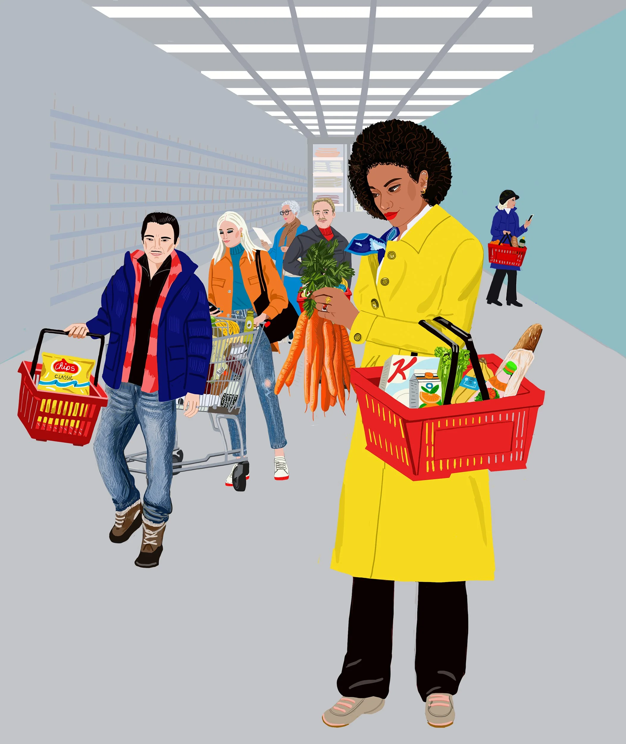 Grocery Store . People with baskets of food.