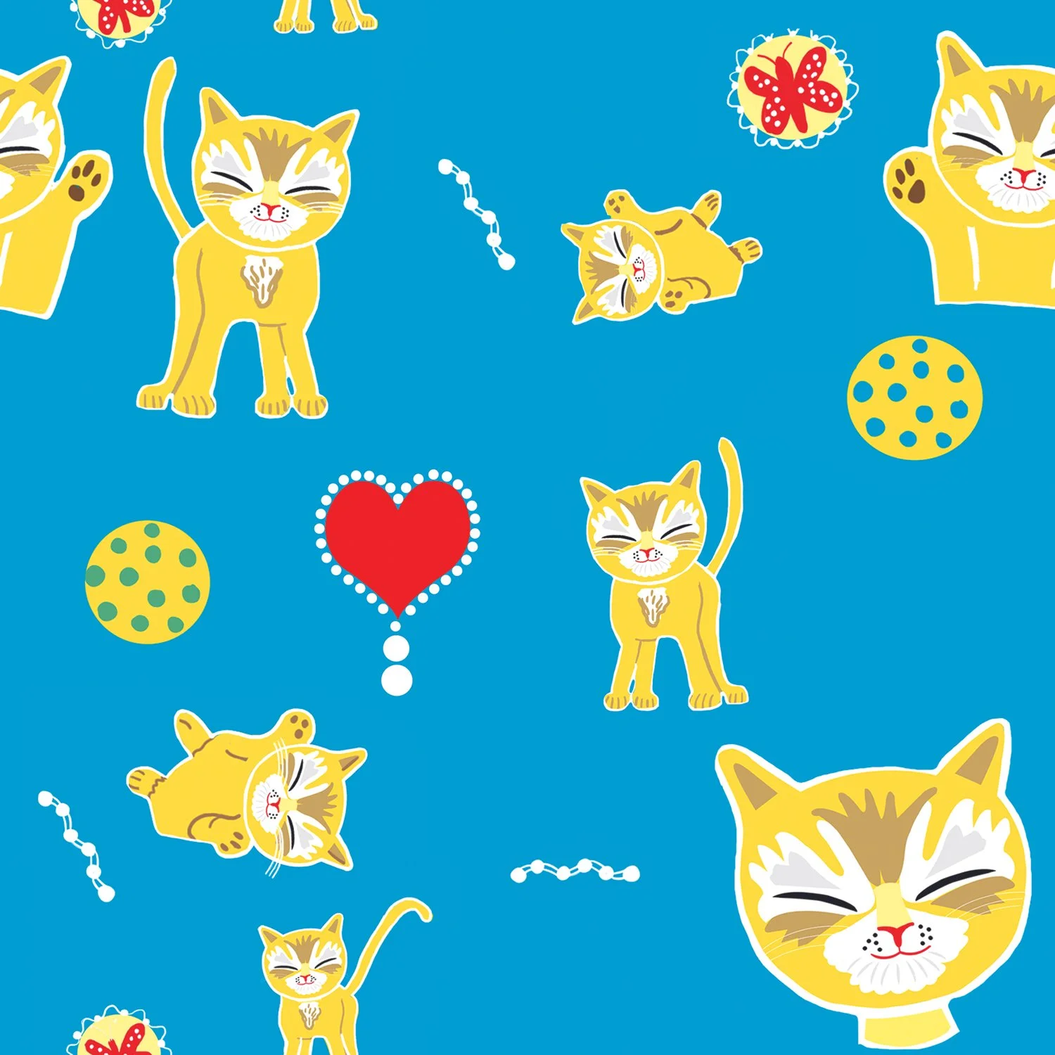 Pattern of cartoon yellow cats with gray stripes, hearts, balls, and beaded strings on a blue background.