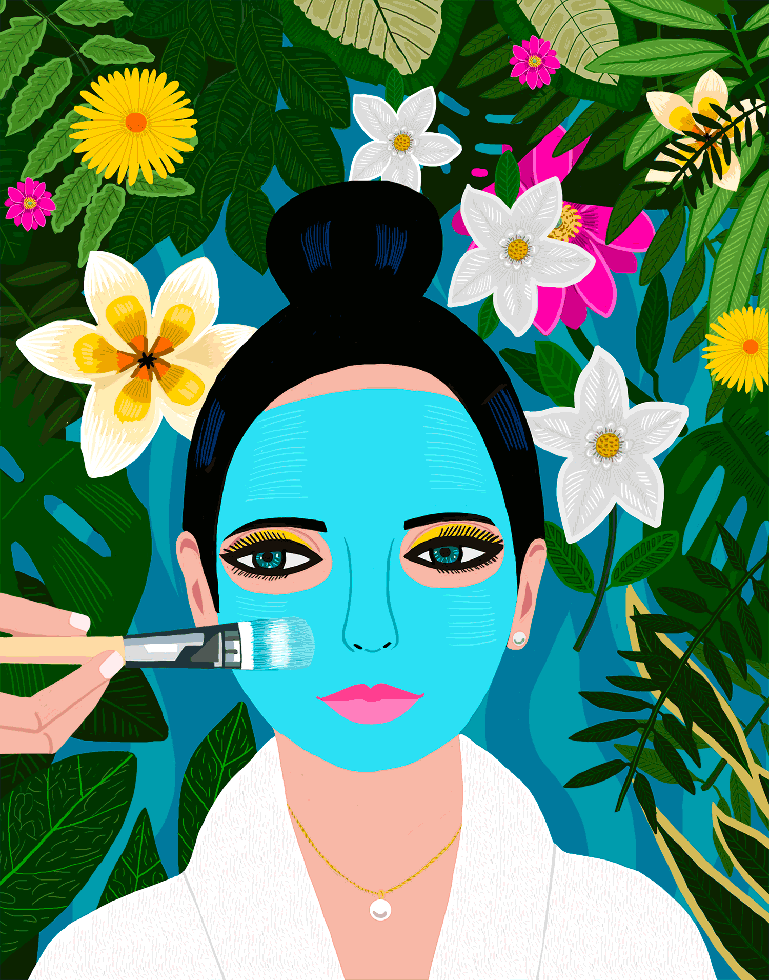 woman with blue face mask in tropical spa illustration