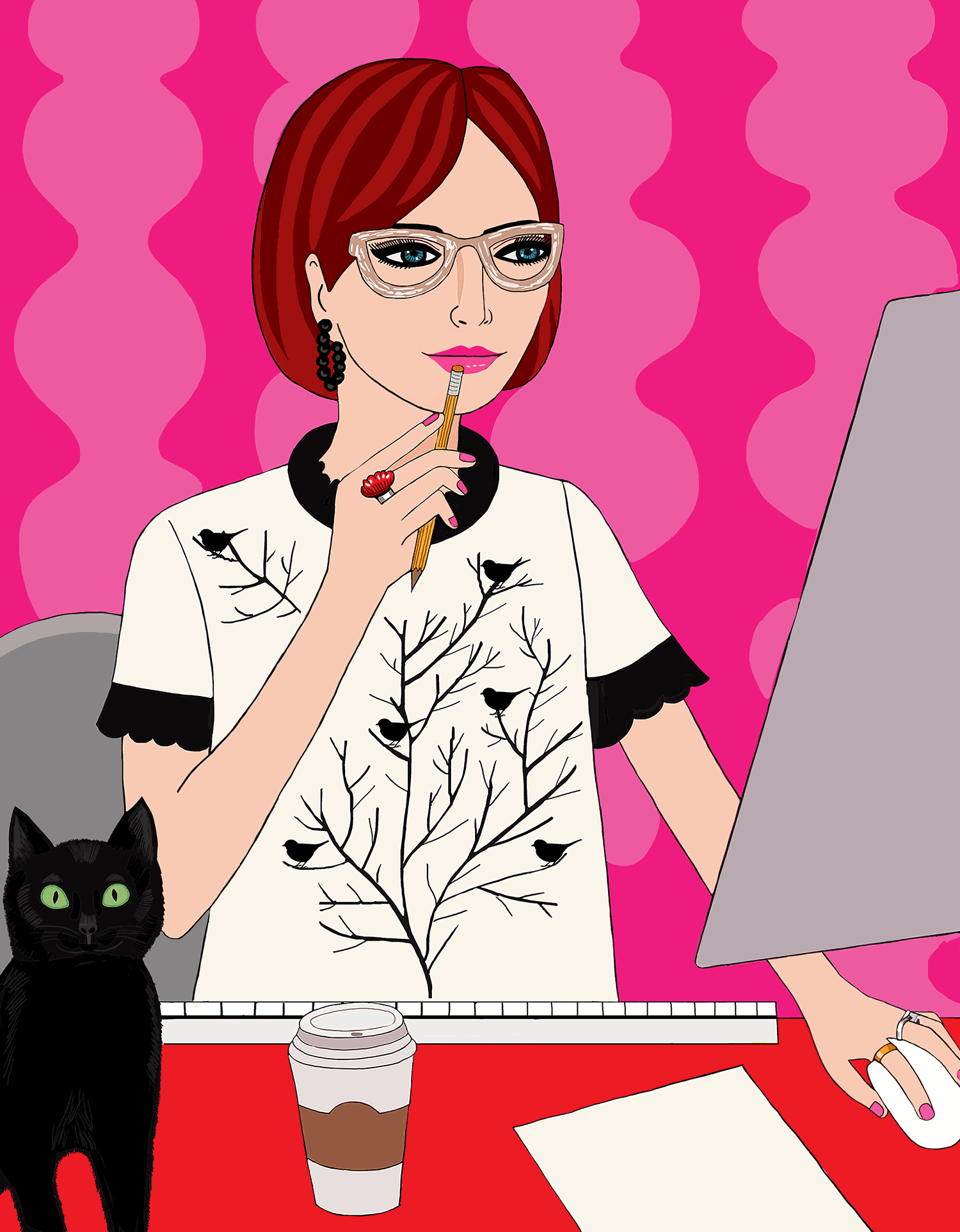 Woman working on computer with cat illustration