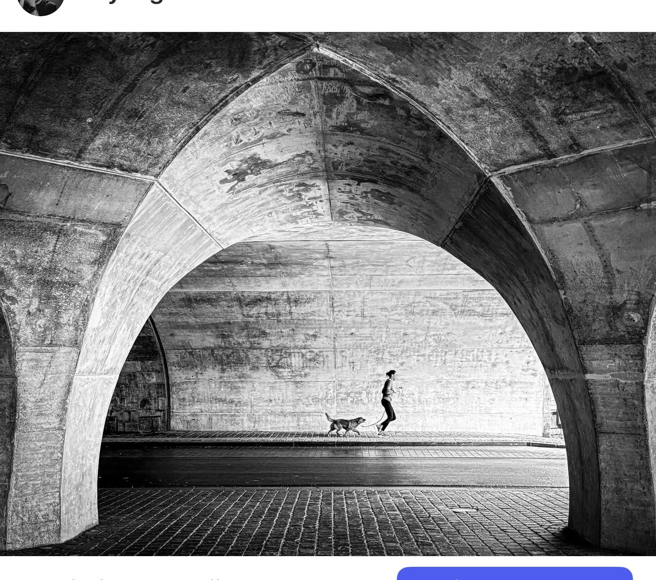 Man en hond lopen onder een grote betonnen brug in zwarte en witte tinten.