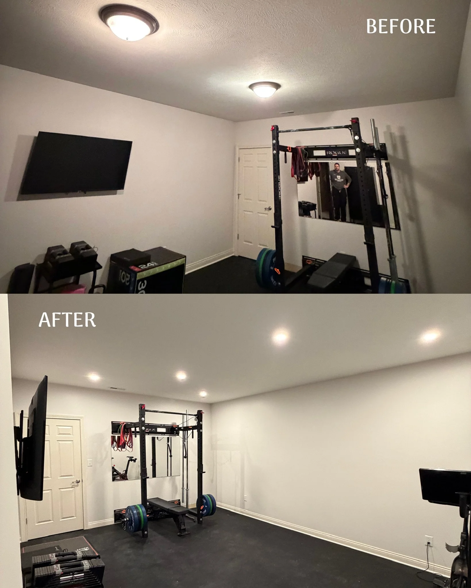 Comparison of a home gym before and after renovation. The 'before' image shows a small room with a wall-mounted TV, basic weights, and a box. The 'after' image shows a larger, more organized space with a power rack, additional gym equipment, and impr