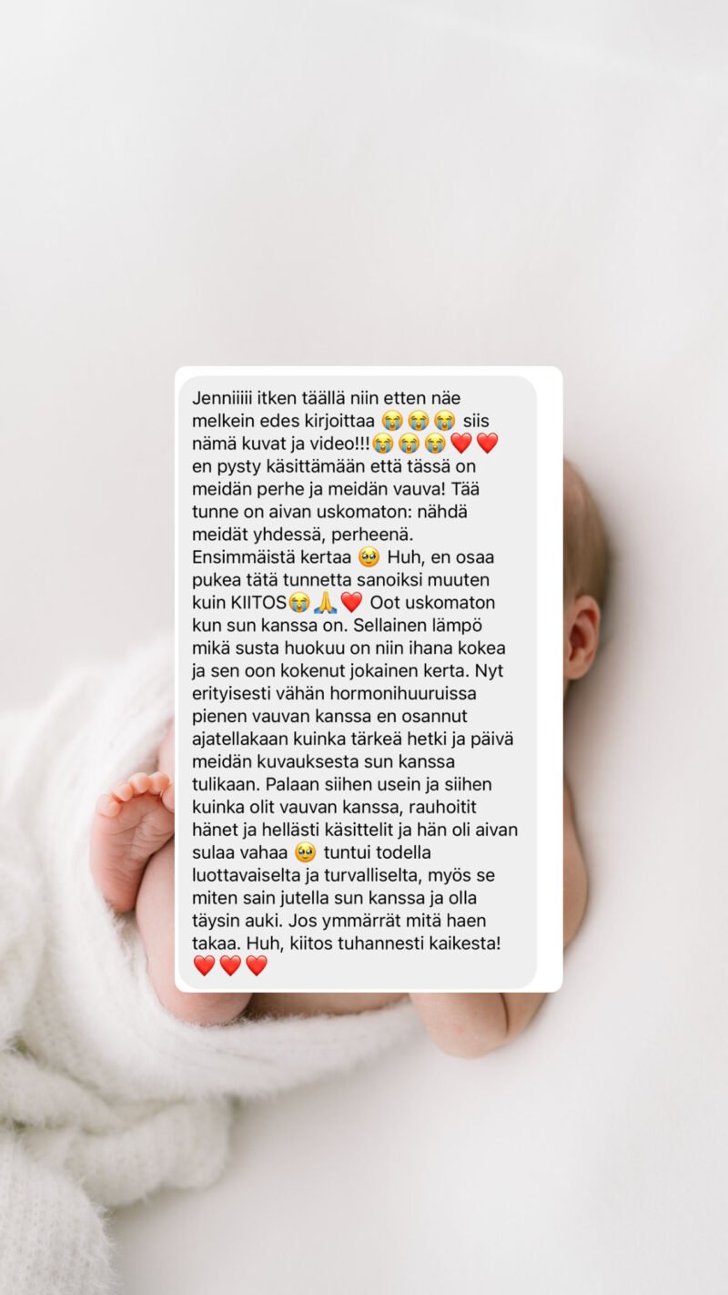 A blurred background of a baby with text message overlay about feelings of gratitude and emotional experiences related to childbirth.