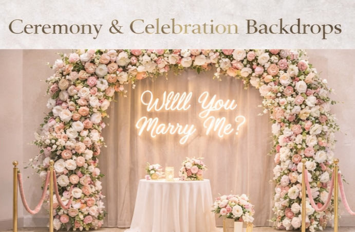 Romantic ceremony and celebration backdrop with floral arch, soft draping, and illuminated 'Will You Marry Me' sign.