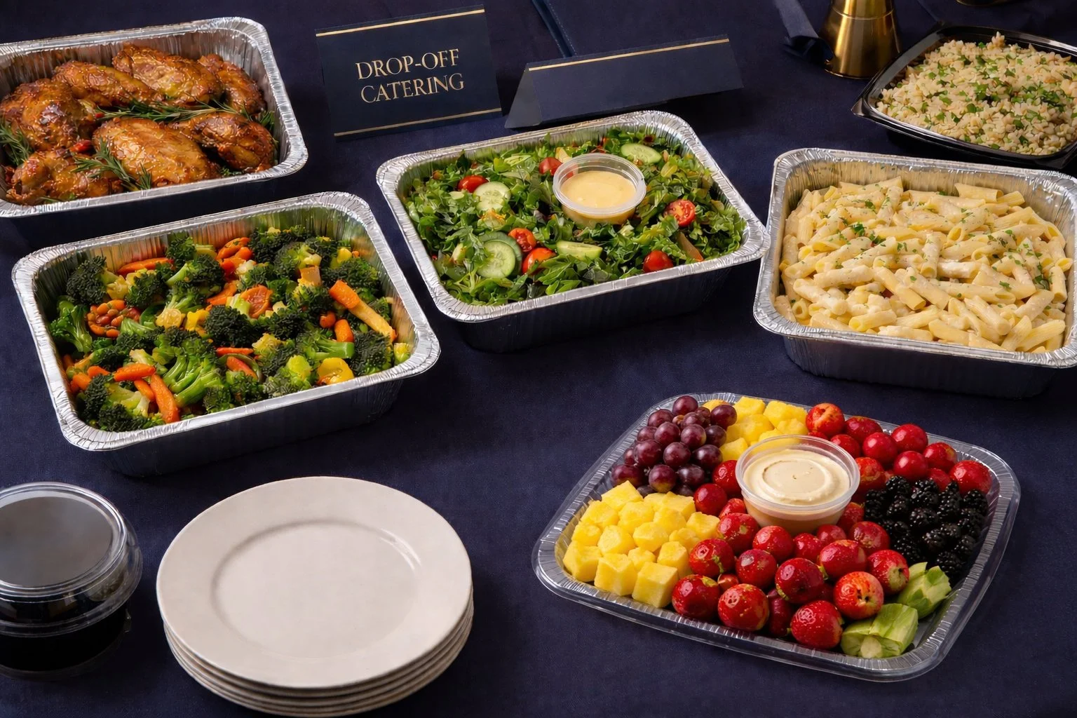 Drop-off catering setups with assorted entrees, fresh salads, pasta fruit tray, and disposable servingware.
