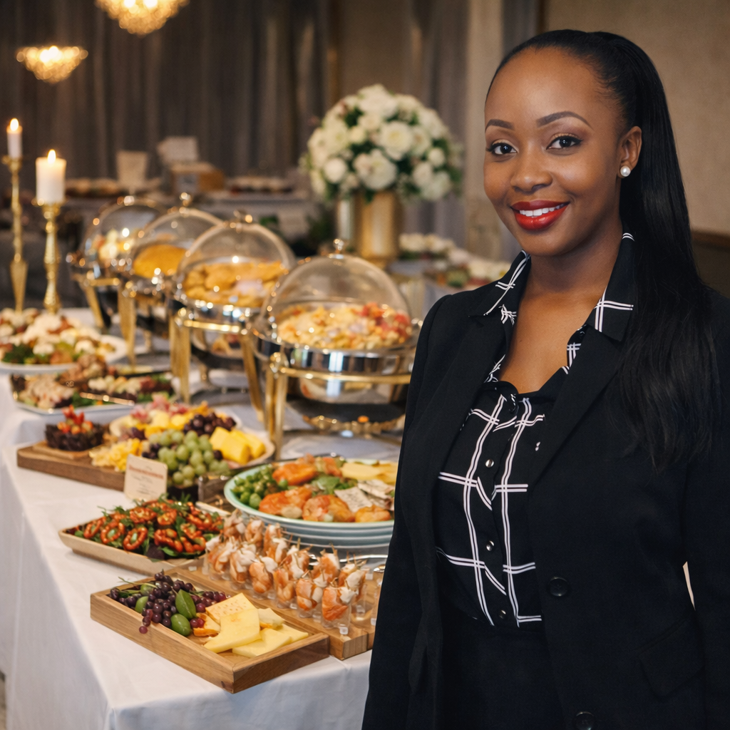 Professional catering display with elegant buffet setup for upscale events and celebrations.