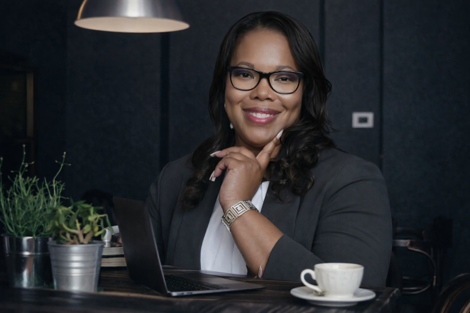 Portrait of a beautiful Black woman on her laptop at her desk.
