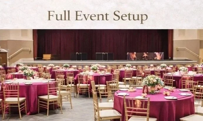 Full event setup with round tables, floral centerpieces, gold chairs, and coordinated linens for corporate and ministry events.