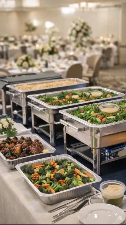 Full-service catering setups with staffed chafing dishes, fresh salads, and professional buffet presentation.