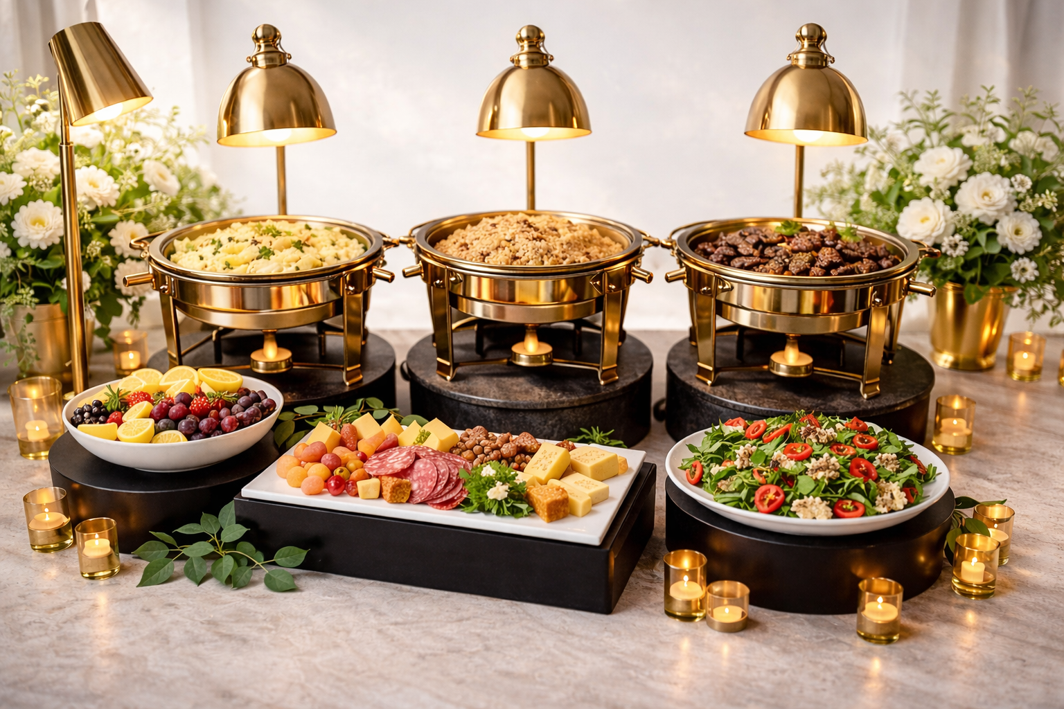Elegant catered buffet with gold chafing dishes, charcuterie display, and fresh salad for upscale events.