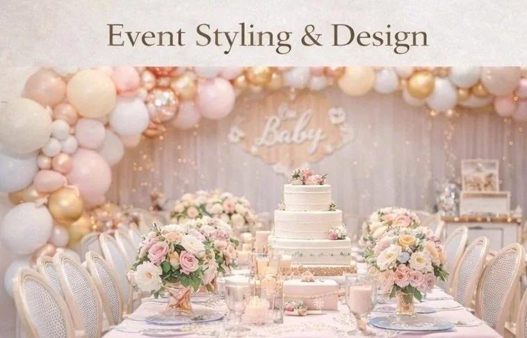 Elegant event styling and design featuring a blush and gold tablescape with floral centerpieces and balloon backdrop.