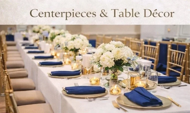 Elegant table and reception styling with floral centerpieces, gold chairs, linens, charges, and candle accents.