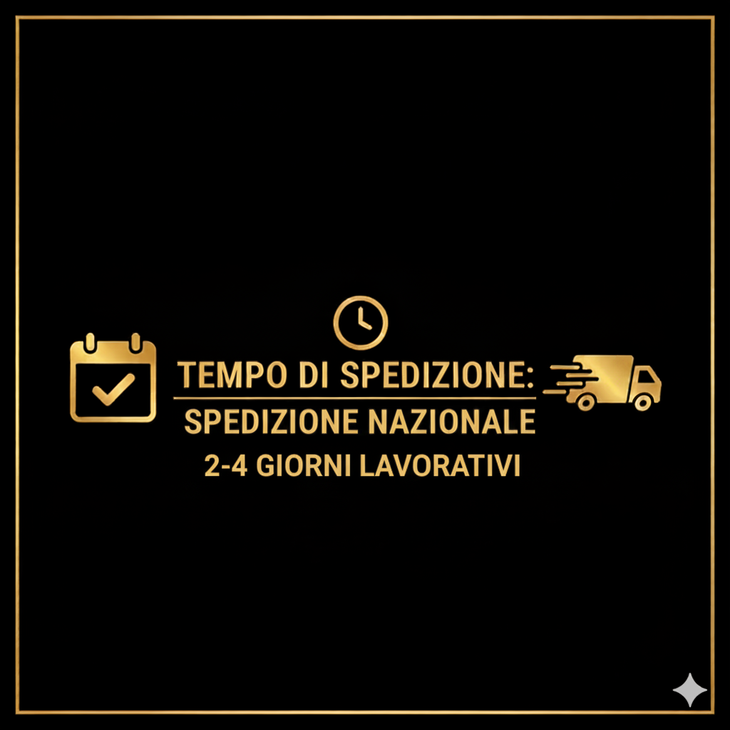 Informazioni sulla spedizione nazionale: tempi di 2-4 giorni lavorativi, icona di un calendario, di un orologio, e di un camion che corre