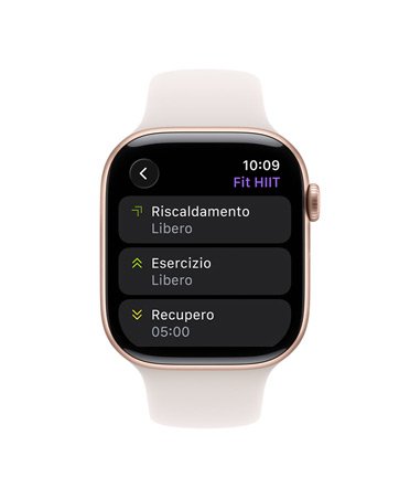 Apple Watch che mostra tre attività: Riscaldamento, Esercizio e Recupero.