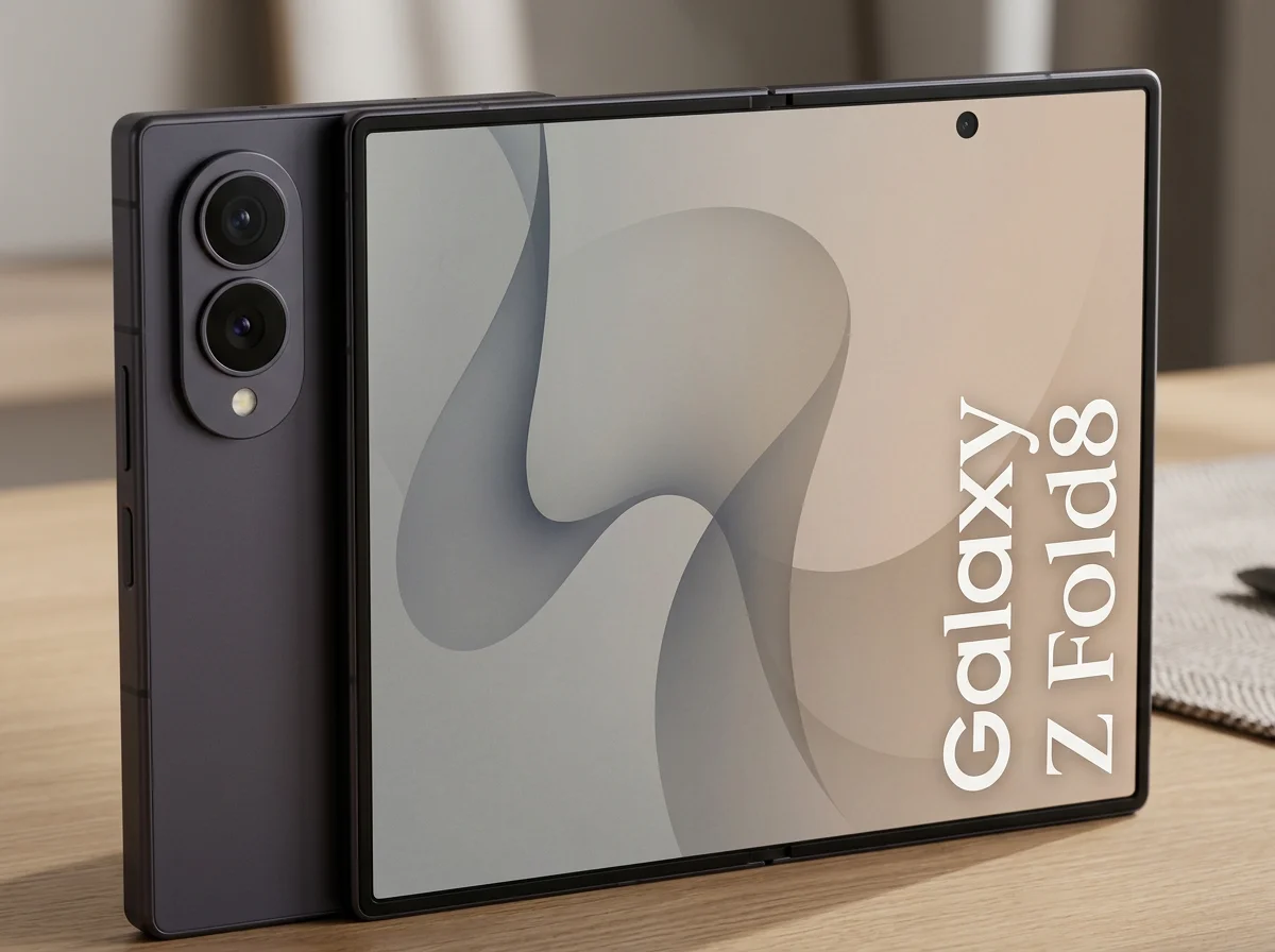 Smartphone Galaxy Z Fold 8 aperto su un tavolo di legno.
