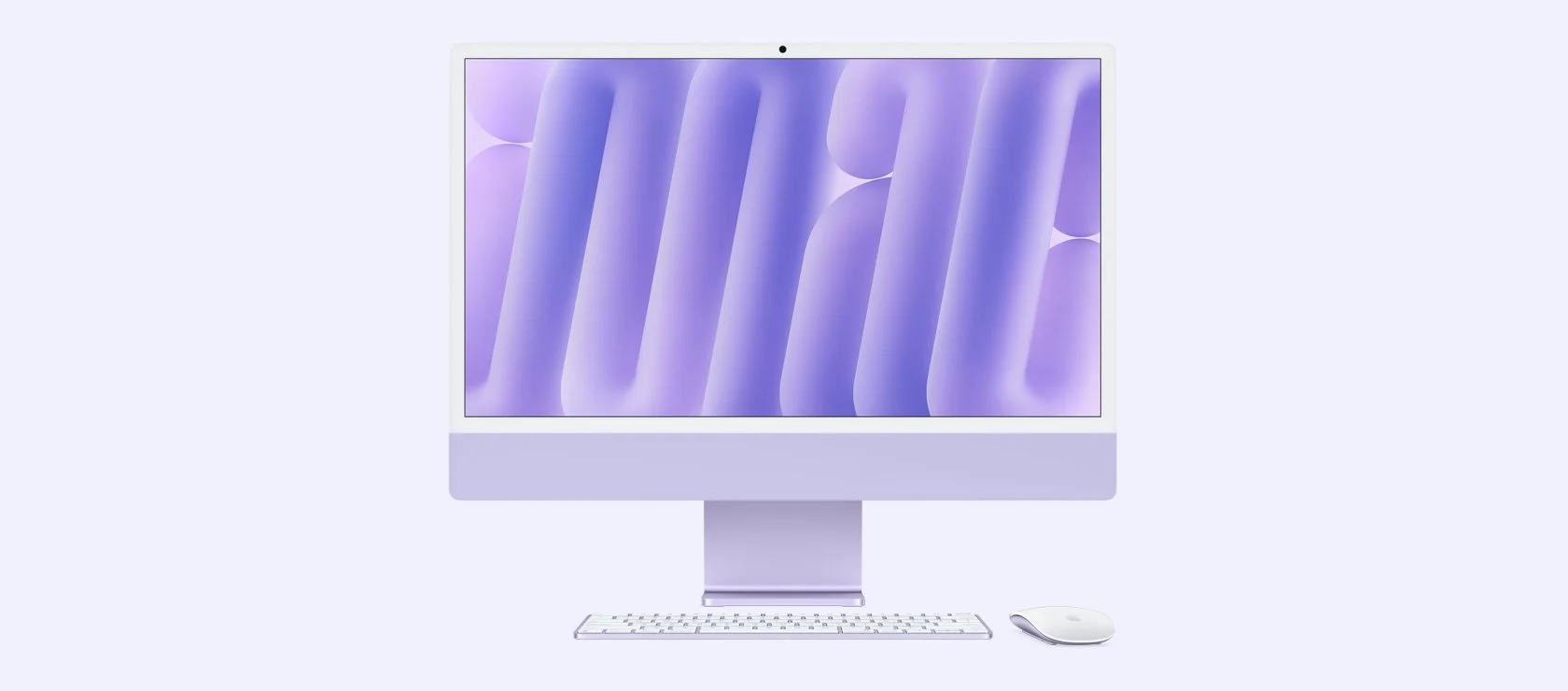 Computer desktop con monitor, tastiera e mouse, colore lilla e bianco
