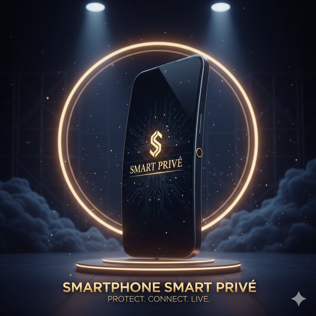Uno smartphone con schermo nero e logo 'Smart Privé' in oro, circondato da un alone di luce con sfondo spaziale, stelle e nuvole. Slogan: 'Smartphone Smart Privé, Protect. Connect. Live.'