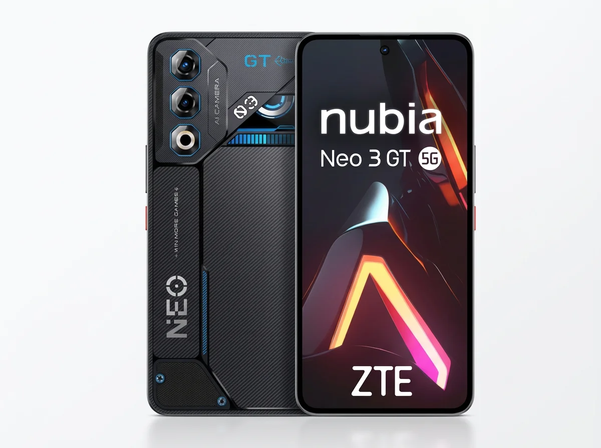 Smartphone ZTE Nubia Neo 3 GT 5G con schermo a tutto schermo, retro con tre fotocamere e dettagli in blu e nero