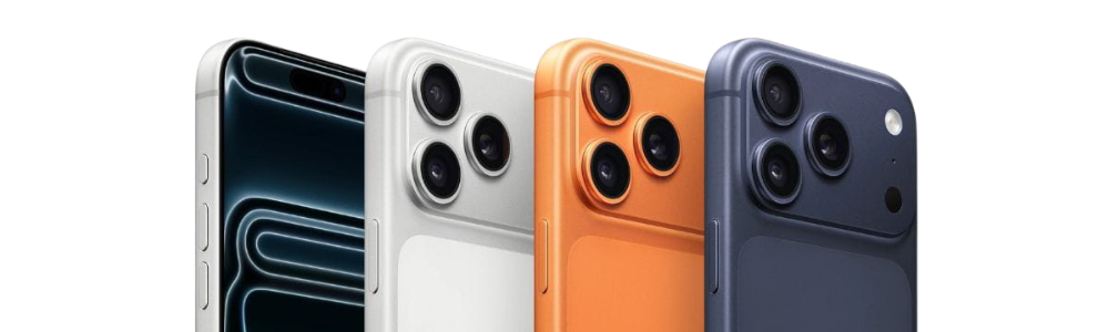 Quattro iPhone in diverse colorazioni: nero, bianco, arancione e blu, mostrati di schiena con focus sulle fotocamere.