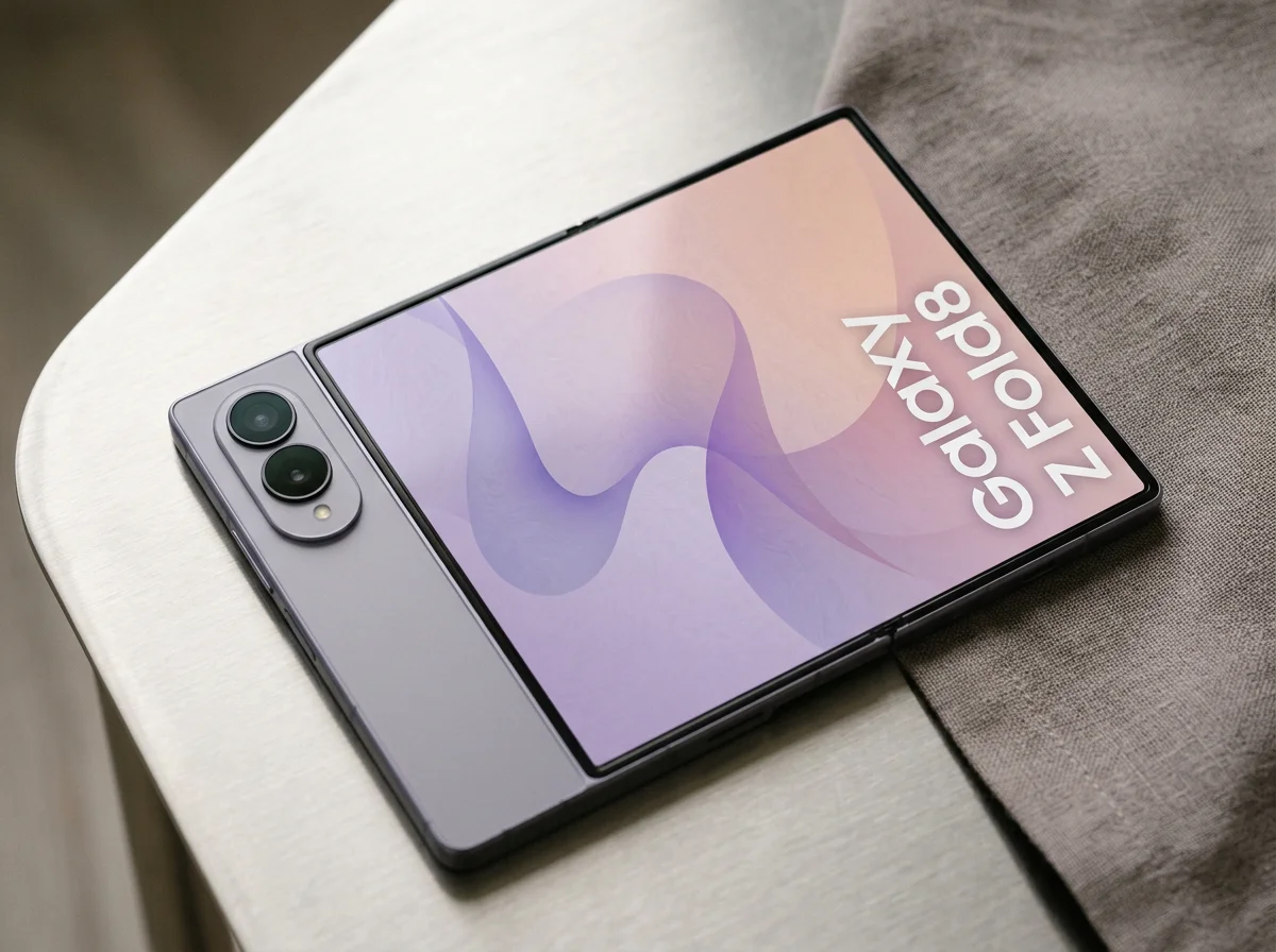 Smartphone Galaxy Z Flip8 con schermo pieghevole, posto su una superficie di tessuto, con lo schermo acceso che mostra il testo 'Galaxy Z Flip8'.