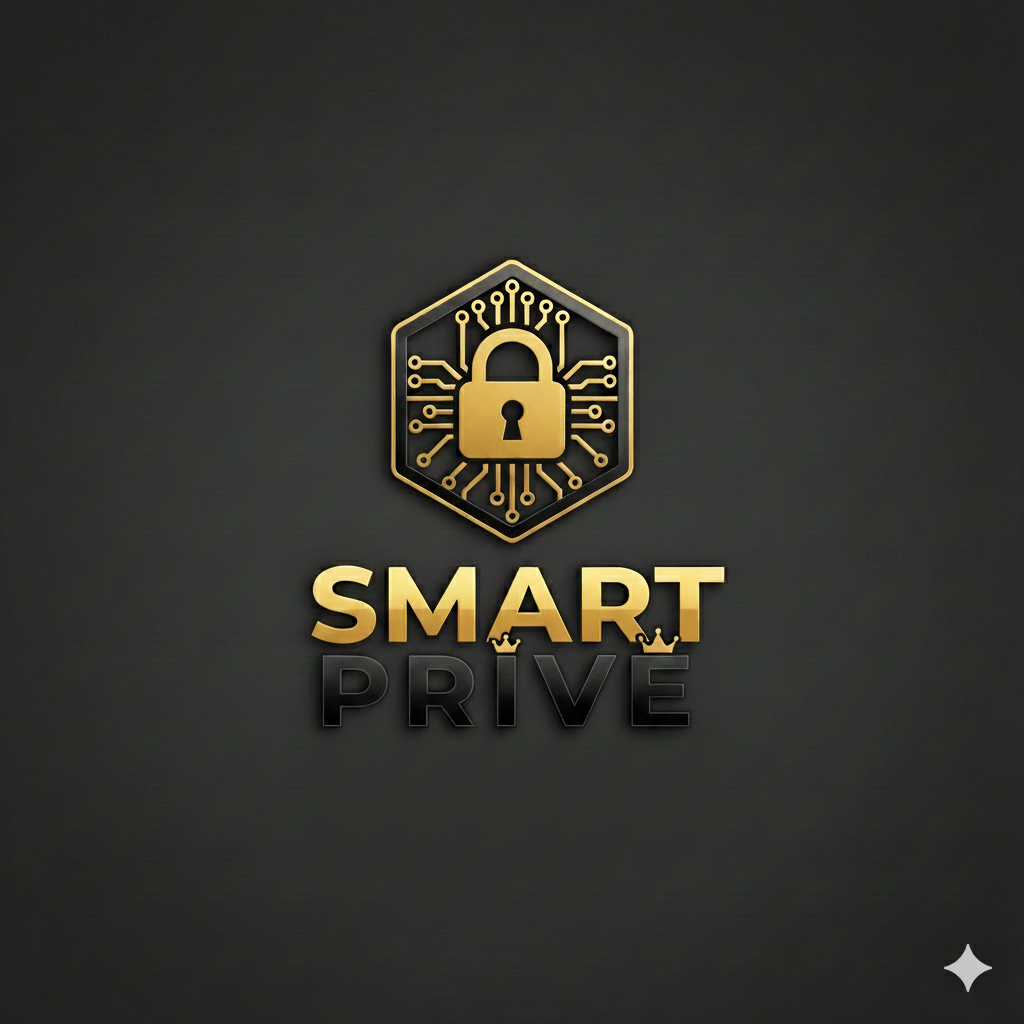 Logo con un lucchetto al centro e circuiti elettronici intorno, con la scritta "SMART PRIVÉ" in oro e nero.
