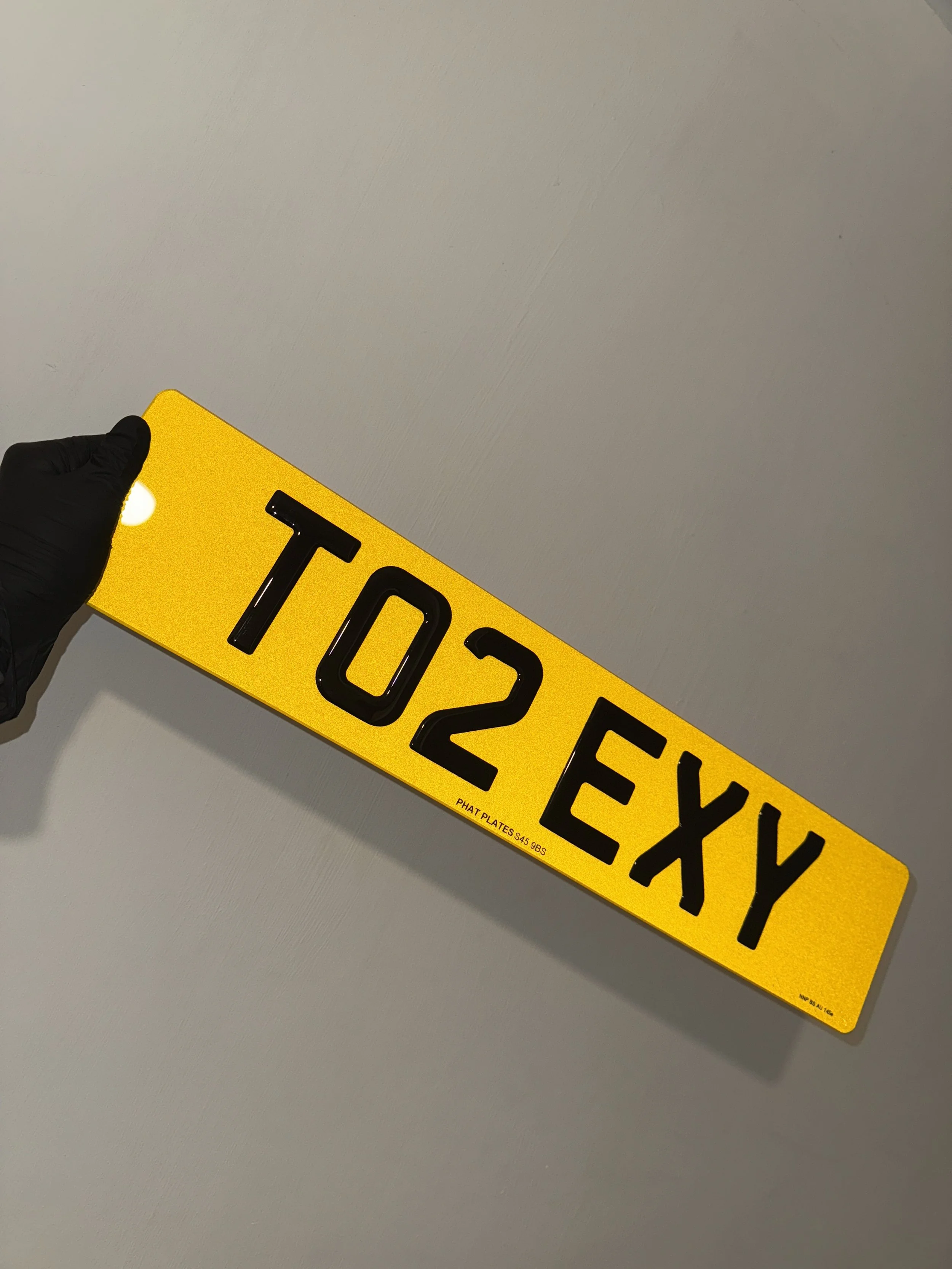 Person wearing a black glove holding a yellow license plate with the text 'T02 EXY' in black characters.