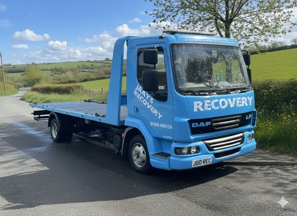 Blue recovery tow truck parked on the side of a rural road with green fields and trees in the background under a partly cloudy sky.