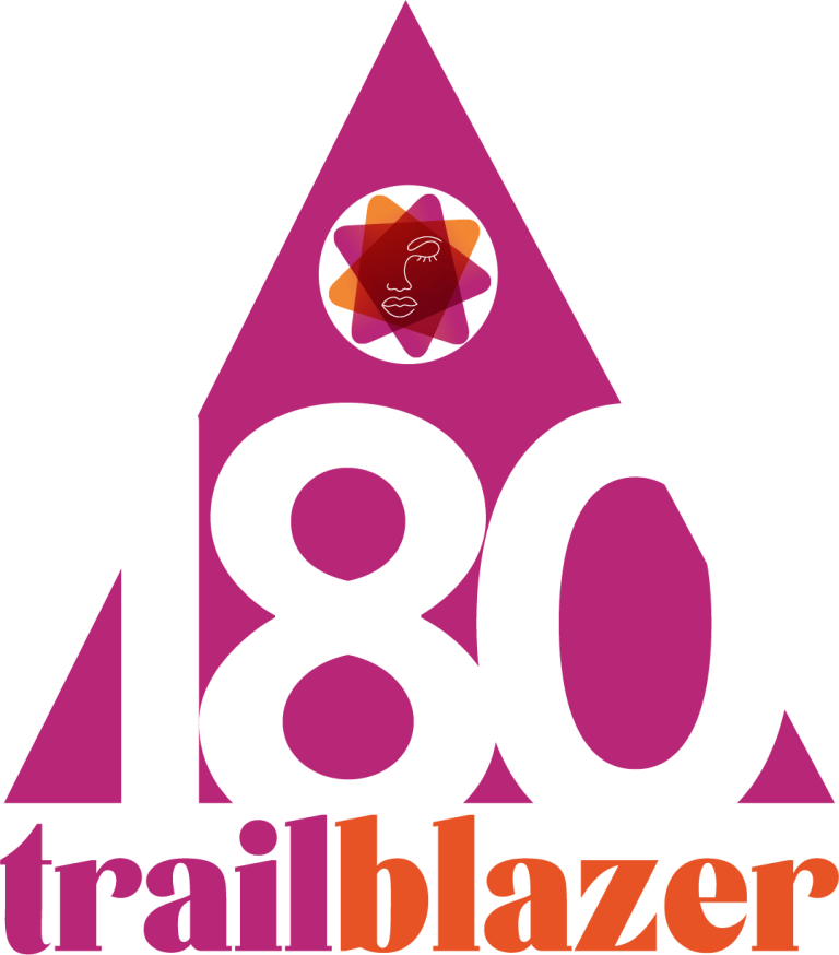 A logo featuring a stylized face outline with closed eyes and lips, surrounded by a colorful, star-shaped background on a pink and black geometric background.