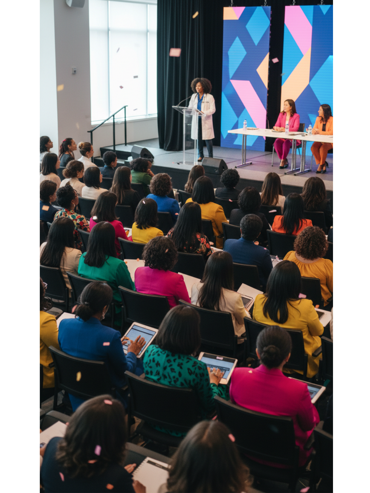 A woman in a white coat giving a presentation at a conference with an audience of women, some using tablets, in a modern conference room with large windows and colorful stage backdrop.