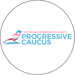Logo of Michigan Democratic Party Progressive Caucus featuring a stylized pink and blue eagle with a star, and the text 'Michigan Democratic Party Progressive Caucus'.