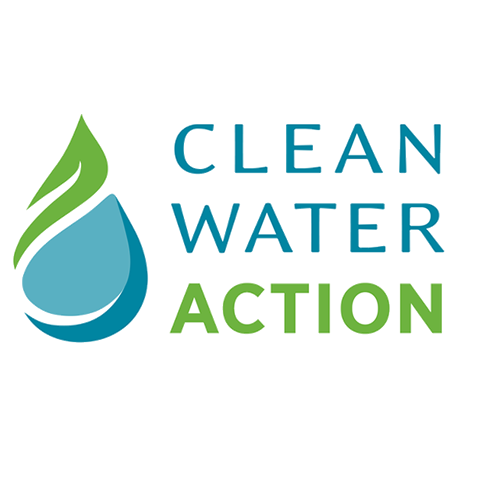 Logo for Clean Water Action featuring a stylized water droplet with a leaf on top, with the words "CLEAN WATER ACTION".