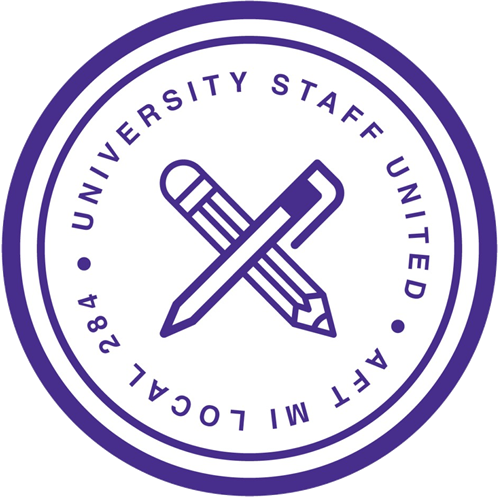 Circular logo with a pen and pencil crossed in the center, surrounded by text that reads "University Staff United AFL CIO Local 284".