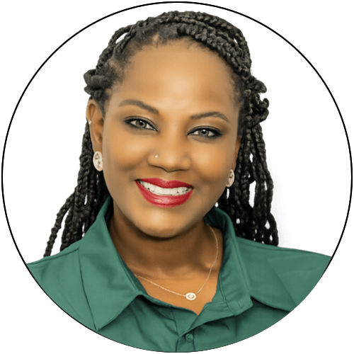 A smiling woman with braided hair wearing a green shirt, earrings, and a necklace against a black and white circular background.