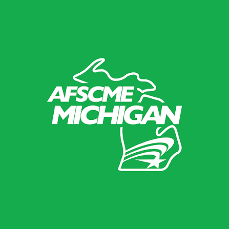 Green background with white outline of Michigan and the text 'AFSCME MICHIGAN' in bold white letters.