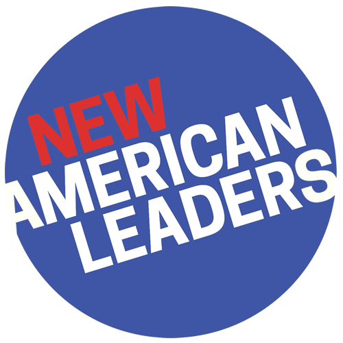 A circular logo with a blue background, featuring the words 'NEW AMERICAN LEADERS' with 'NEW' in red and the rest in white.
