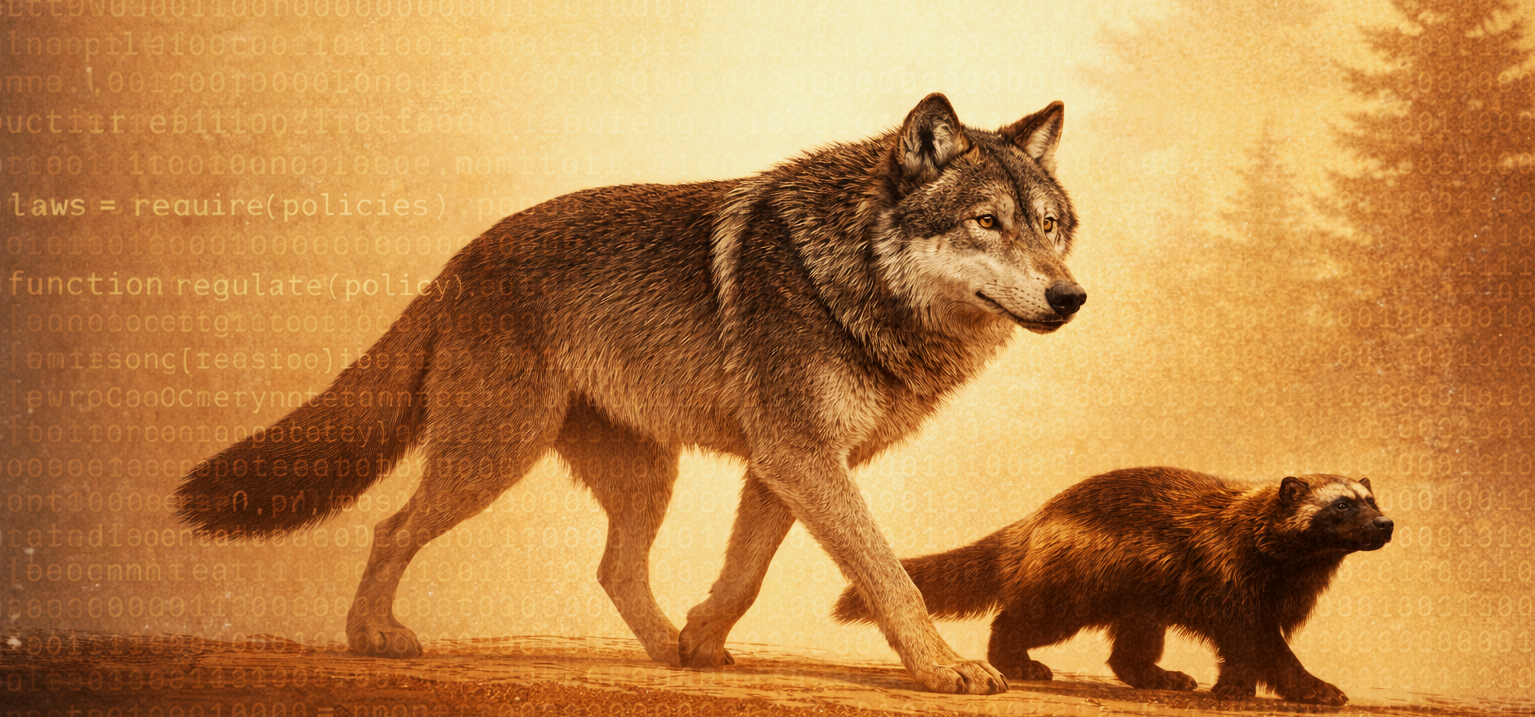 A wolf walking alongside a wolverine, both in a forest with an orange sunset in the background.