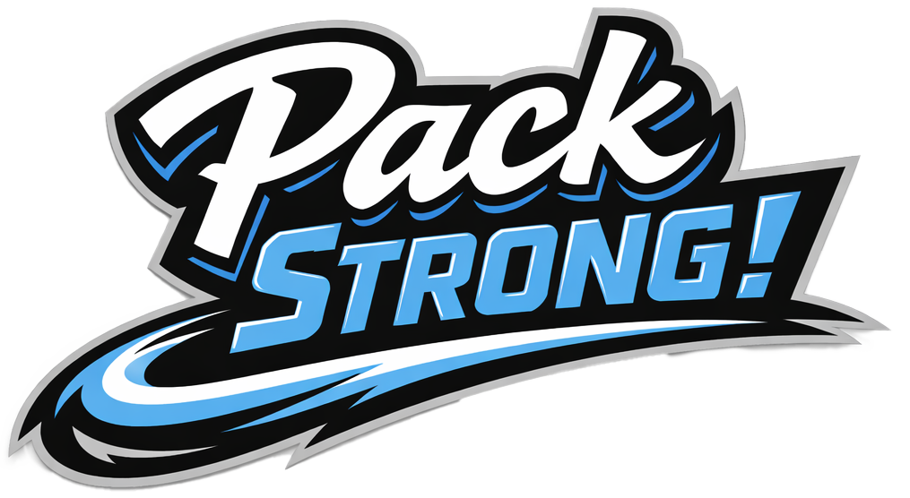 Logo with the words "Pack Strong!" in bold stylized font, black, white, and blue colors, with dynamic swoosh design.