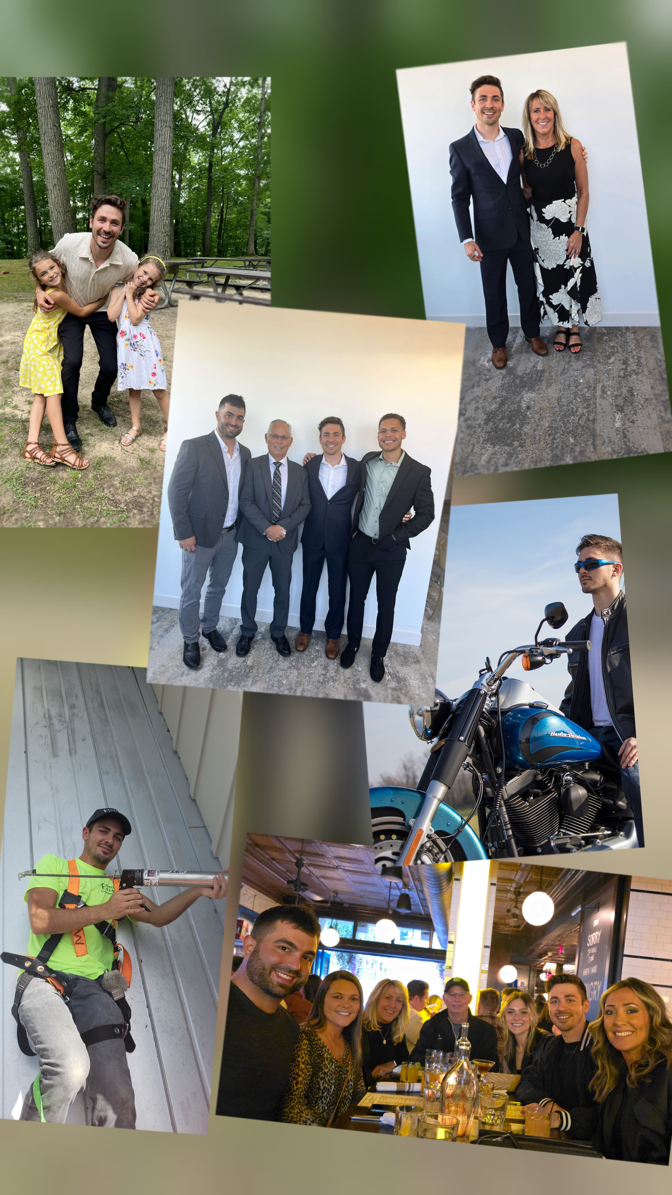 Collage of six photos including a man with two young girls in a forest, a young man and woman dressed formally, a group of four men in suits, a man with sunglasses on a motorcycle, a man in a safety vest working on a metal pipe, and a group of people dining at a restaurant.