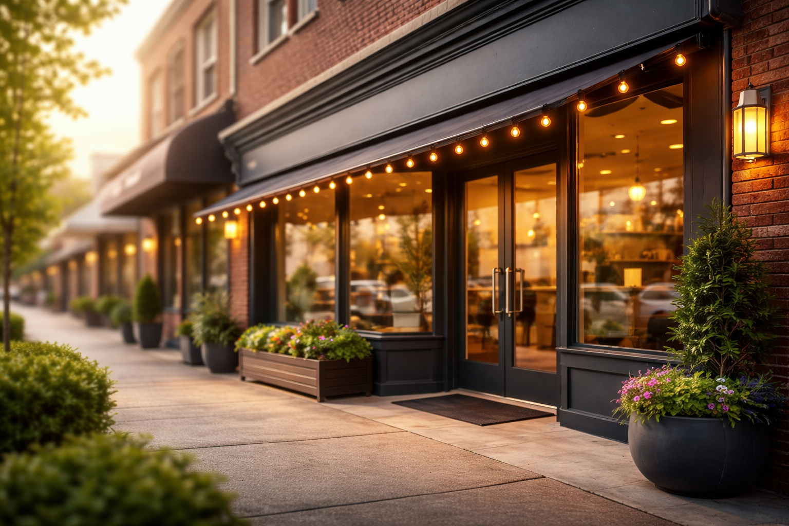 Exterior view of a cozy restaurant or café with glass doors, illuminated string lights, and potted plants outside during sunset.