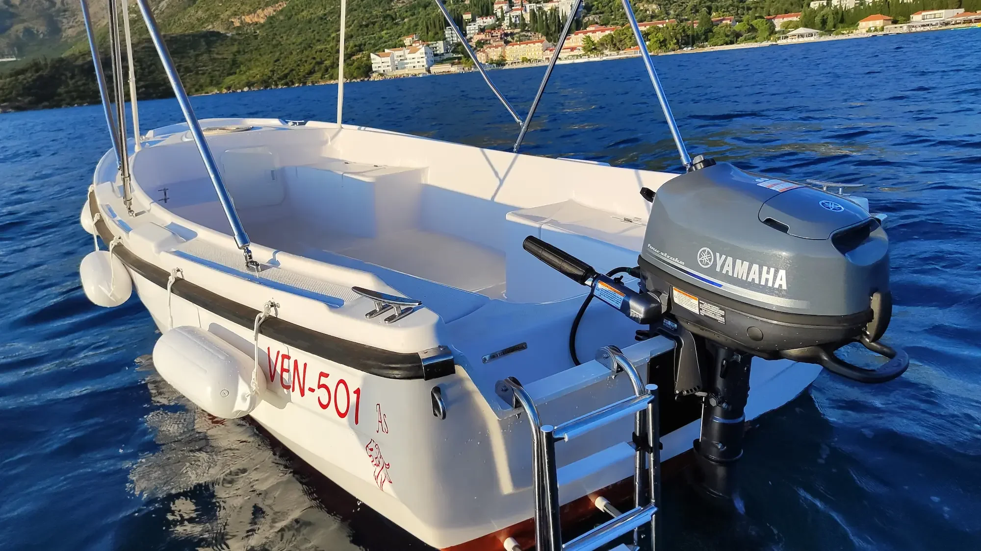 Close-up of a new Ven 501 boat with Yamaha engine at Local Boats Cavtat.