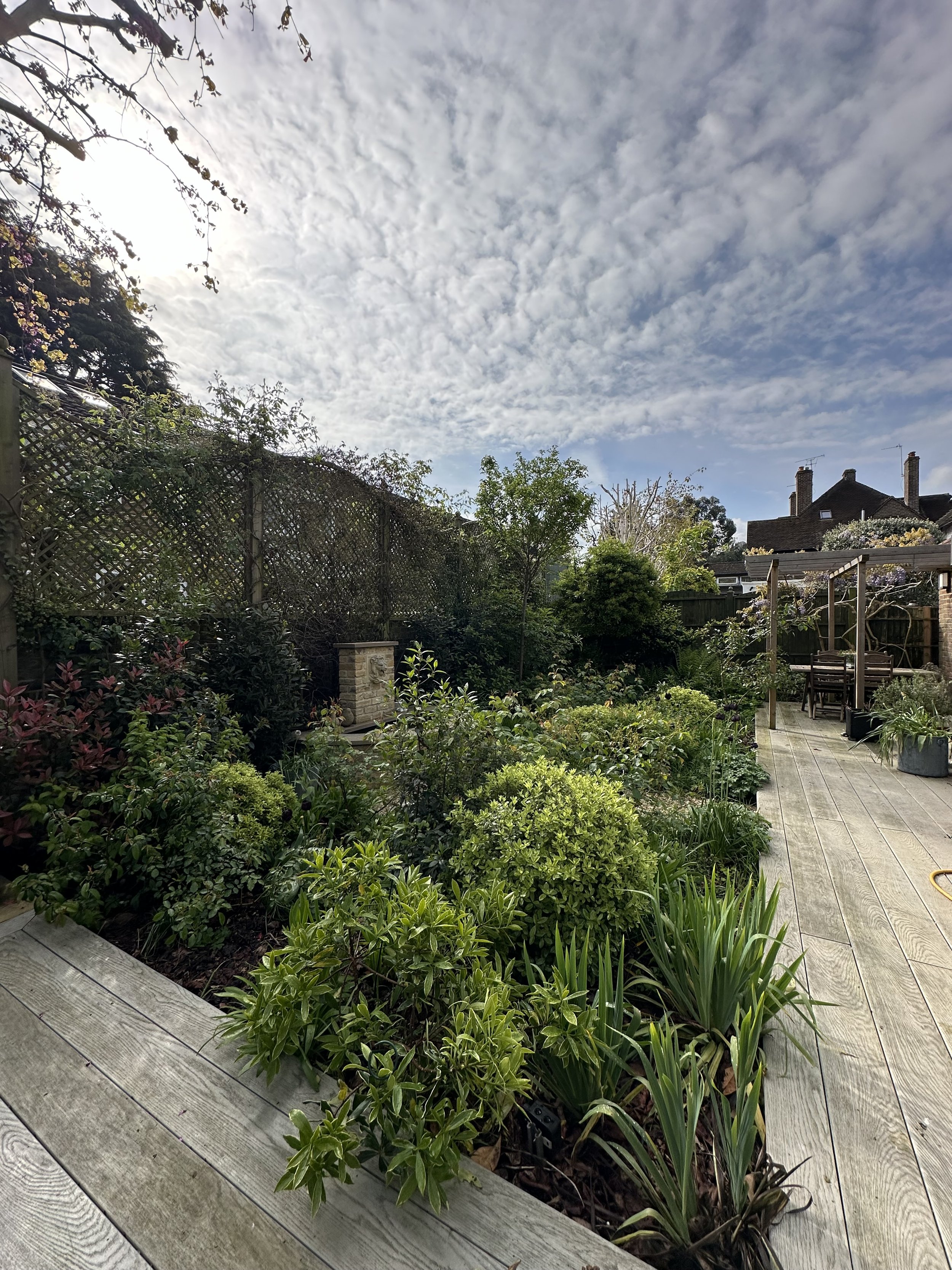 A backyard garden with various green plants and bushes, a wooden deck, and a wooden pergola with outdoor furniture. The sky is partly cloudy with the sun bright in the sky, casting light over the garden.
