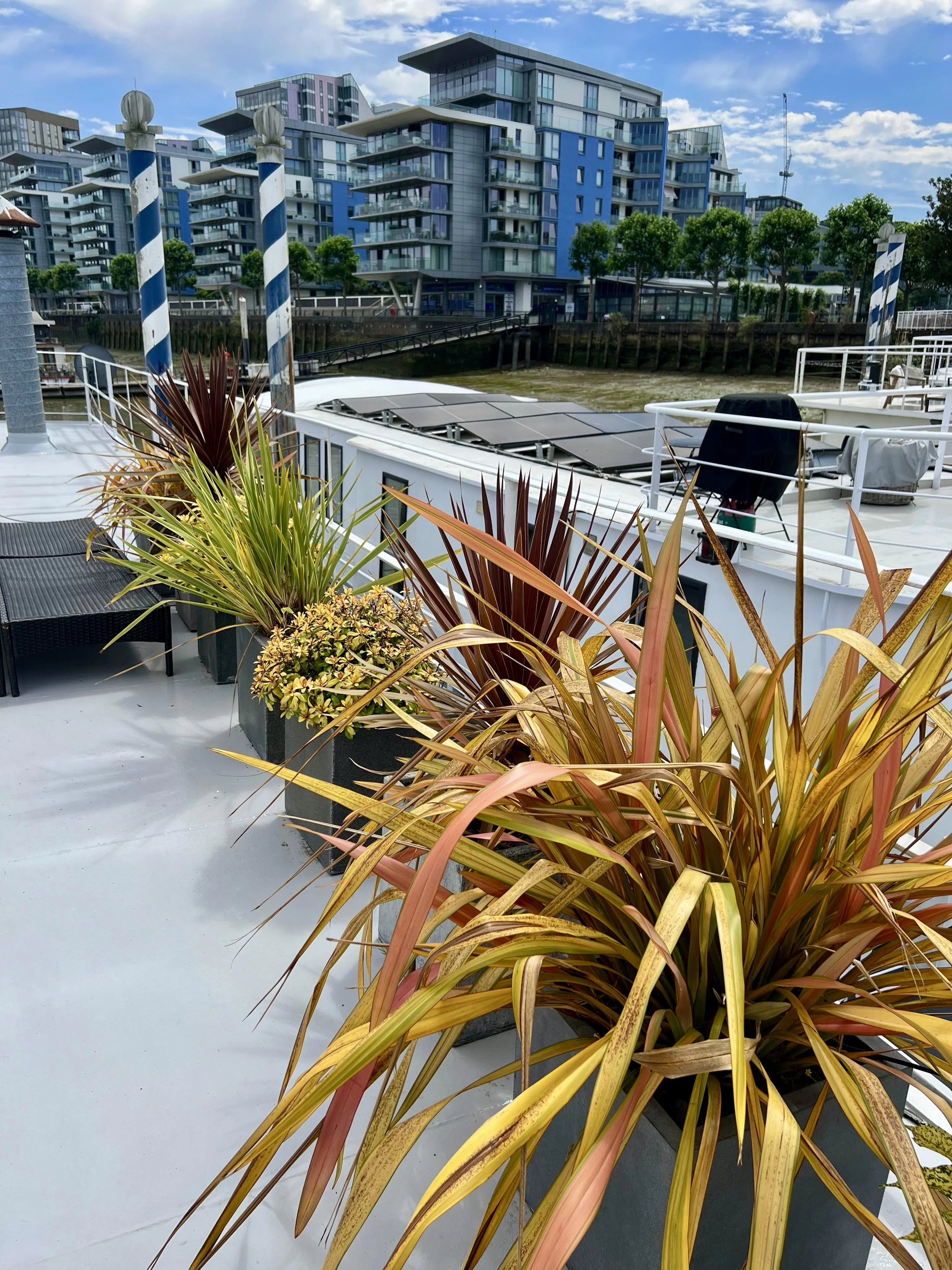 View of a modern building with balconies and glass windows, situated along a river with a boat docked in the foreground, and landscaped trees under a partly cloudy sky.