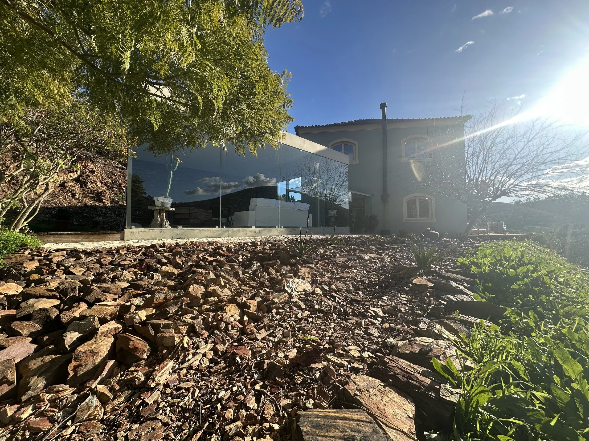 Sunlit backyard with a house, a tree, and a glass-enclosed patio or sunroom, rocky garden ground, and green plants in the foreground, with the sun shining brightly in the sky.