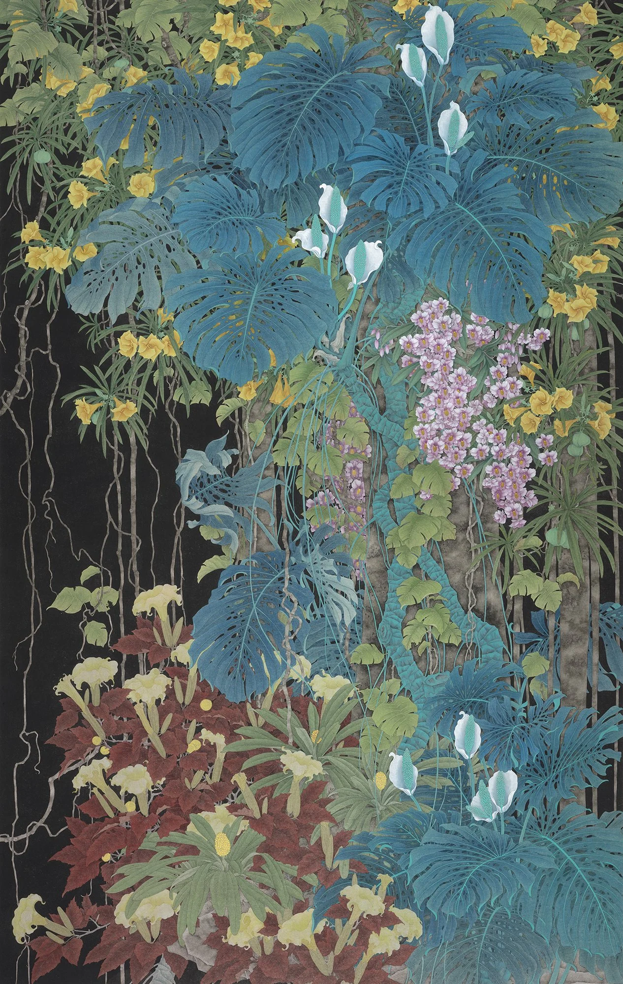 Tropical Garden 3 子夜--
ink and colour on Xuan paper/
55 x 85 in/140 x 216 cm/
2023